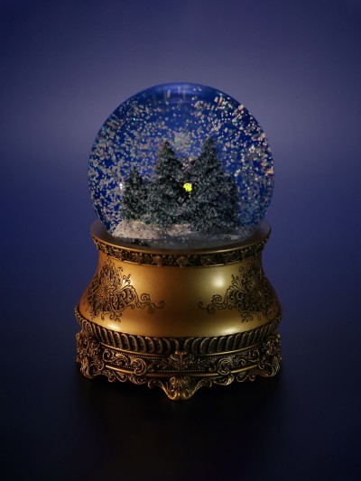 Arrière de la boule à neige GLASSGLOBE montrant la maison et les arbres enneigés