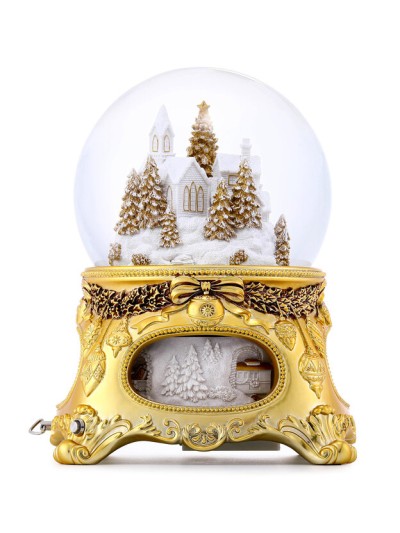 Beeindruckende Schneekugel mit Spieluhr „Goldenes Weihnachtsmärchen“, mit Beleuchtung und automatischem Schneesturm