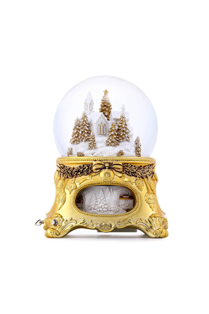 Beeindruckende Schneekugel mit Spieluhr „Goldenes Weihnachtsmärchen“, mit Beleuchtung und automatischem Schneesturm
