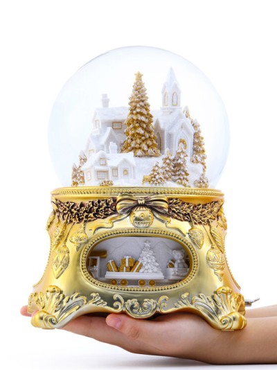 Beeindruckende Schneekugel mit Spieluhr „Goldenes Weihnachtsmärchen“, mit Beleuchtung und automatischem Schneesturm
