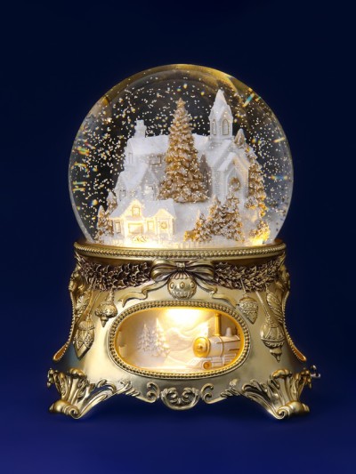 Beeindruckende Schneekugel mit Spieluhr „Goldenes Weihnachtsmärchen“, mit Beleuchtung und automatischem Schneesturm