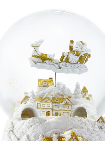 Große Schneekugel „Goldener Heiligabend“ mit fahrendem Dampfzug, rotierendem Schlitten und Spieluhr