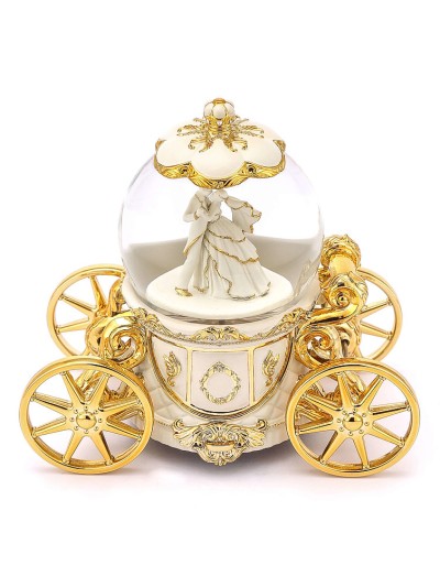 Boule à neige-carrosse dorée "Valse de l'Amour" avec éclairage, rotation et mécanisme musical