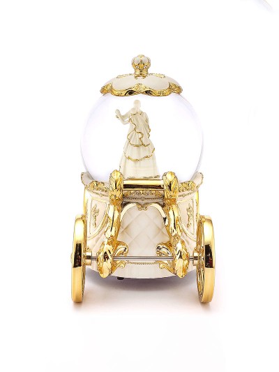 Boule à neige-carrosse dorée "Valse de l'Amour" avec éclairage, rotation et mécanisme musical