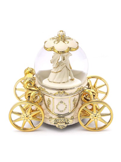 Boule à neige-carrosse dorée "Valse de l'Amour" avec éclairage, rotation et mécanisme musical