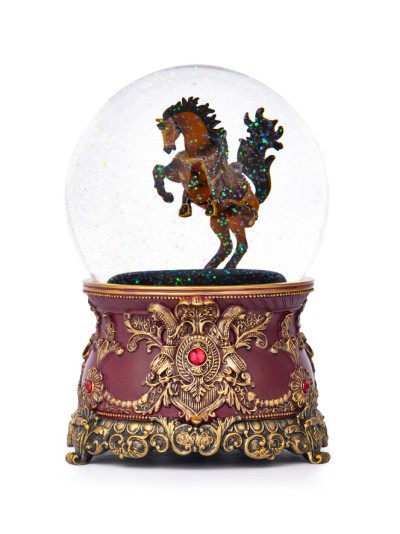 Schneekugel „Die Prächtige“ – Symbol für Stärke und Energie, mit edlem Pferd, Spieluhr und Strasssteinen