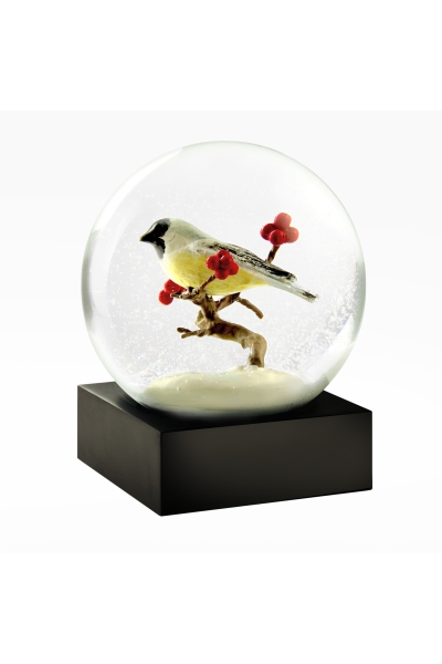 Schneekugel „Die Kohlmeise“ mit Schneeflocken und Ebereschenzweig