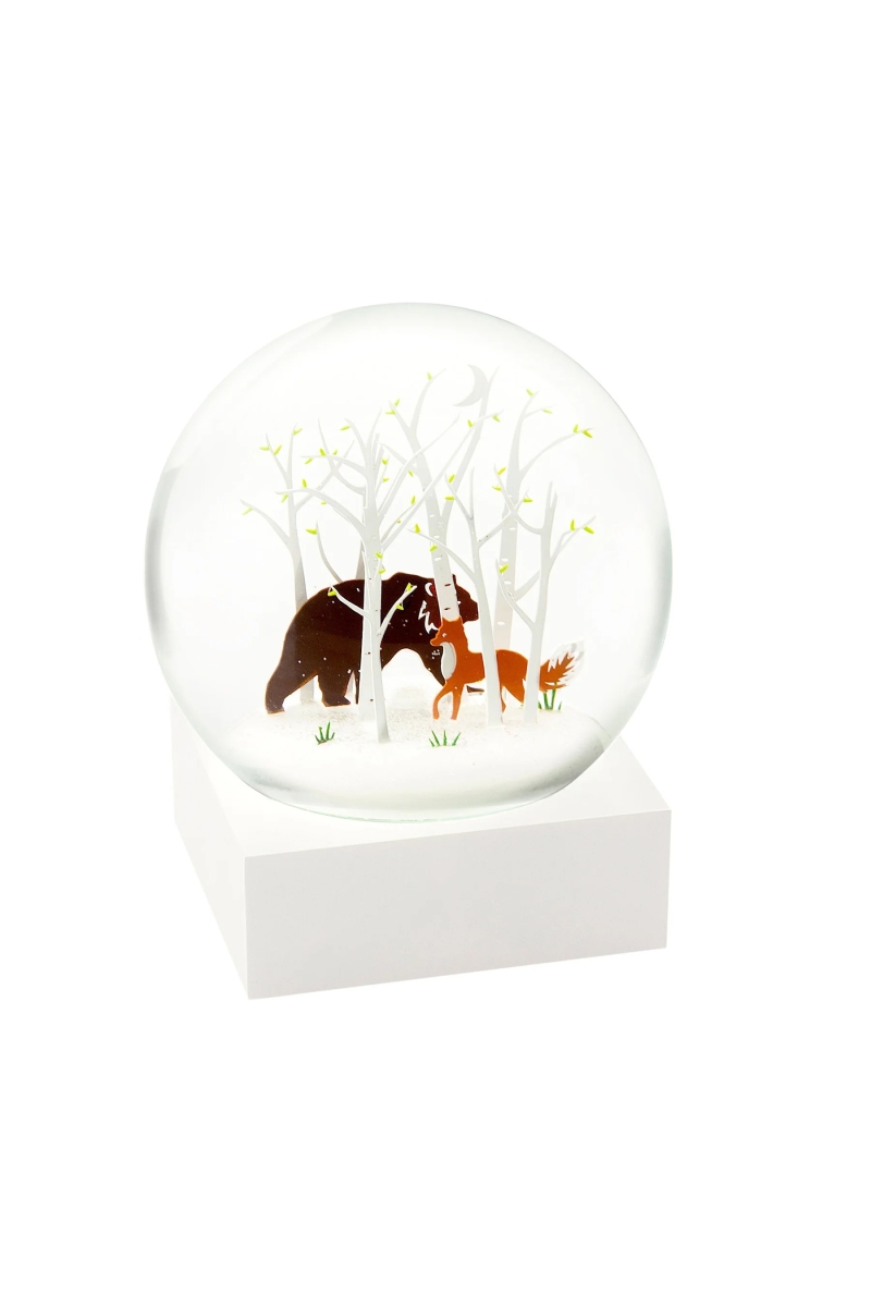 Schneekugel „Fuchs und Bär“ (Ø 10 cm) – Frühlingsdeko mit Waldtieren & weißem Sockel