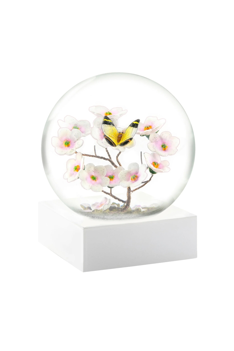 Sammler-Schneekugel „Schmetterling“ (Ø 100 mm) mit Kirschblüten-Design auf weißem Sockel