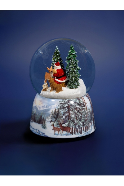 Weihnachts-Schneekugel „Der liebe Weihnachtsmann“ – Schneekugel aus Glas mit Spieluhr und Waldtieren