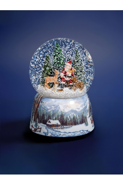 Weihnachts-Schneekugel „Der liebe Weihnachtsmann“ – Schneekugel aus Glas mit Spieluhr und Waldtieren