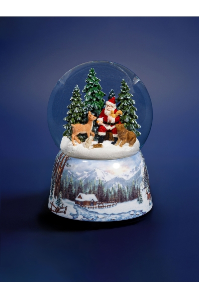 Weihnachts-Schneekugel „Der liebe Weihnachtsmann“ – Schneekugel aus Glas mit Spieluhr und Waldtieren