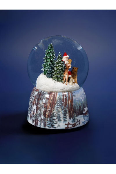 Weihnachts-Schneekugel „Der liebe Weihnachtsmann“ – Schneekugel aus Glas mit Spieluhr und Waldtieren