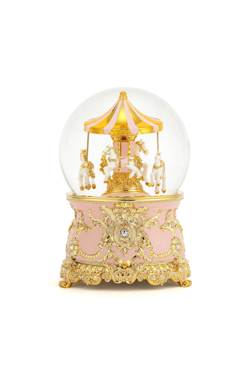 Schneekugel „Rosa Karussell“ – elegante Schneekugel mit Spieluhr, Swarovski-Kristallen und goldenen Details