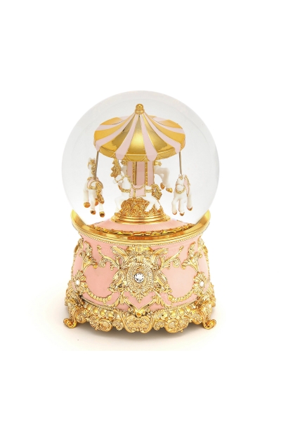 Schneekugel „Rosa Karussell“ – elegante Schneekugel mit Spieluhr, Swarovski-Kristallen und goldenen Details