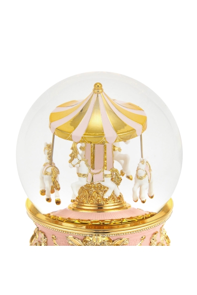 Schneekugel „Rosa Karussell“ – elegante Schneekugel mit Spieluhr, Swarovski-Kristallen und goldenen Details