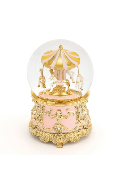 Schneekugel „Rosa Karussell“ – elegante Schneekugel mit Spieluhr, Swarovski-Kristallen und goldenen Details