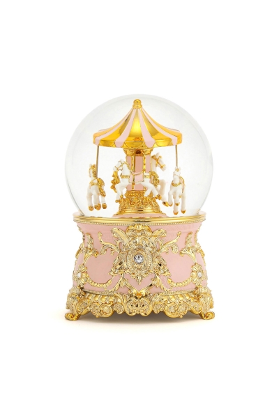 Schneekugel „Rosa Karussell“ – elegante Schneekugel mit Spieluhr, Swarovski-Kristallen und goldenen Details