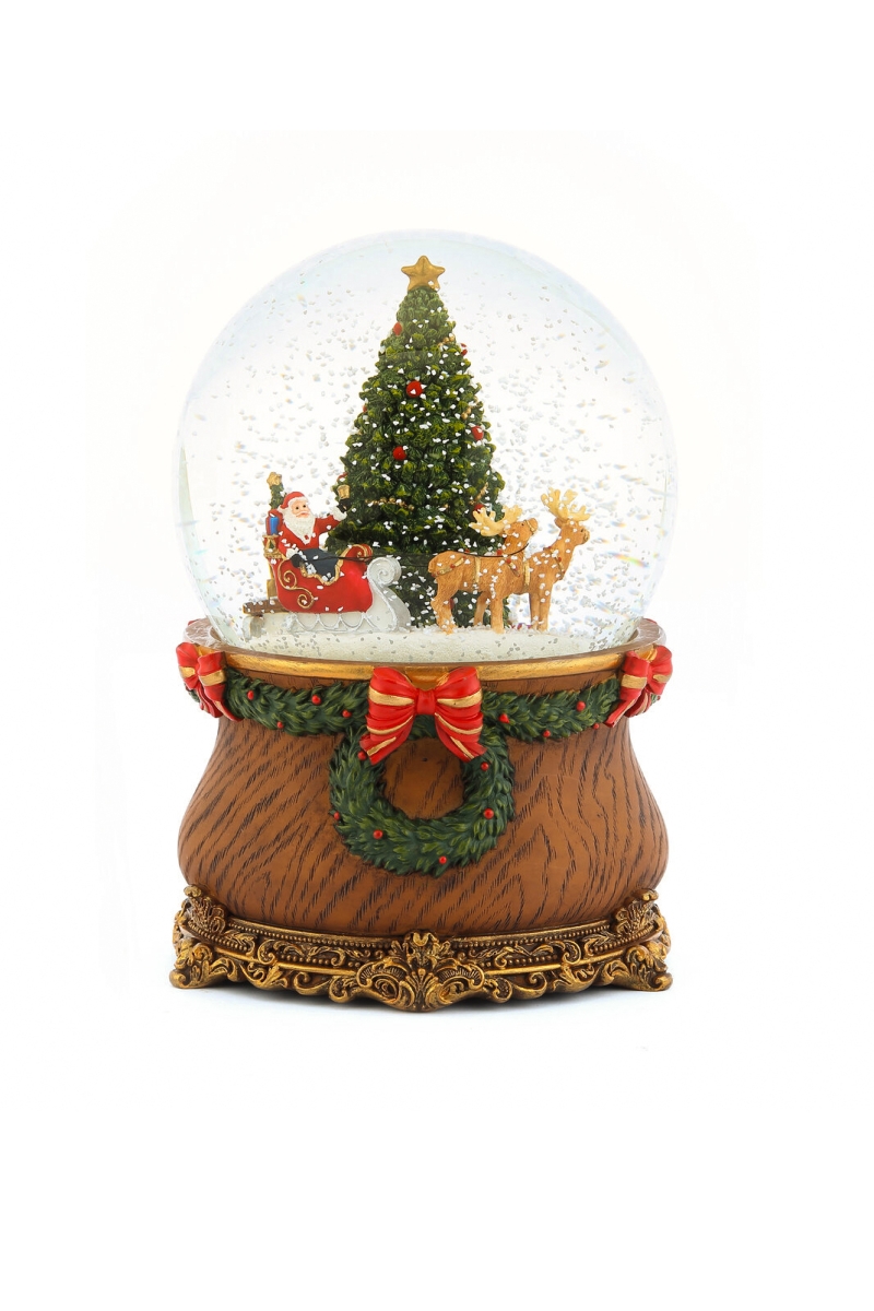 Große klassische Weihnachts-Schneekugel mit Spieluhr, Weihnachtsmann und geschmücktem Tannenbaum