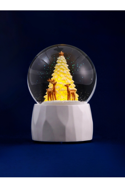 Sapin doré – grande boule à neige de Noël lumineuse et musicale au design moderne - GLASSGLOBE