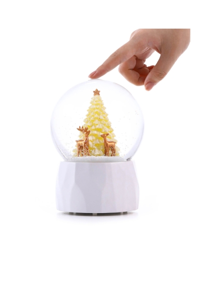 Schneekugel „Goldener Tannenbaum“ – große beleuchtete Weihnachts-Schneekugel mit Spieluhr im modernen Design | GLASSGLOBE