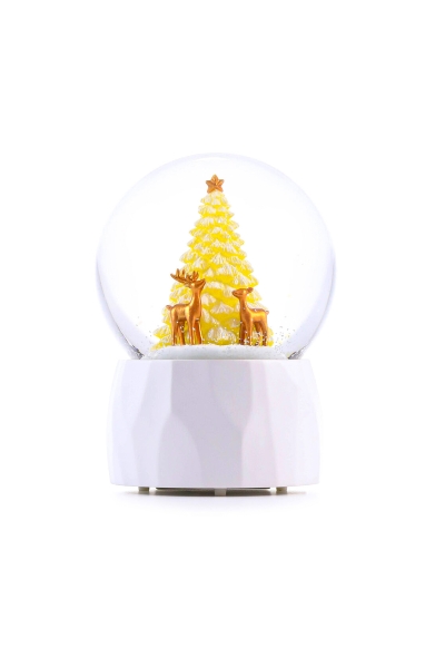 Schneekugel „Goldener Tannenbaum“ – große beleuchtete Weihnachts-Schneekugel mit Spieluhr im modernen Design | GLASSGLOBE