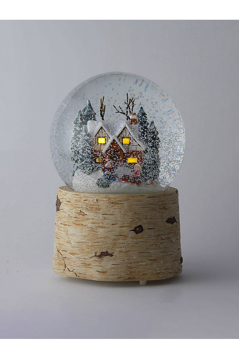 Große beleuchtete Weihnachts-Schneekugel mit verschneitem Chalet und automatischem Schneewirbel