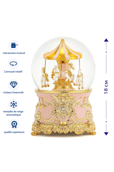 Schneekugel „Rosa Karussell“ – elegante Schneekugel mit Spieluhr, Swarovski-Kristallen und goldenen Details
