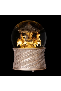 Boule à neige Carrousel doré avec chevaux blancs, lumière et paillettes.